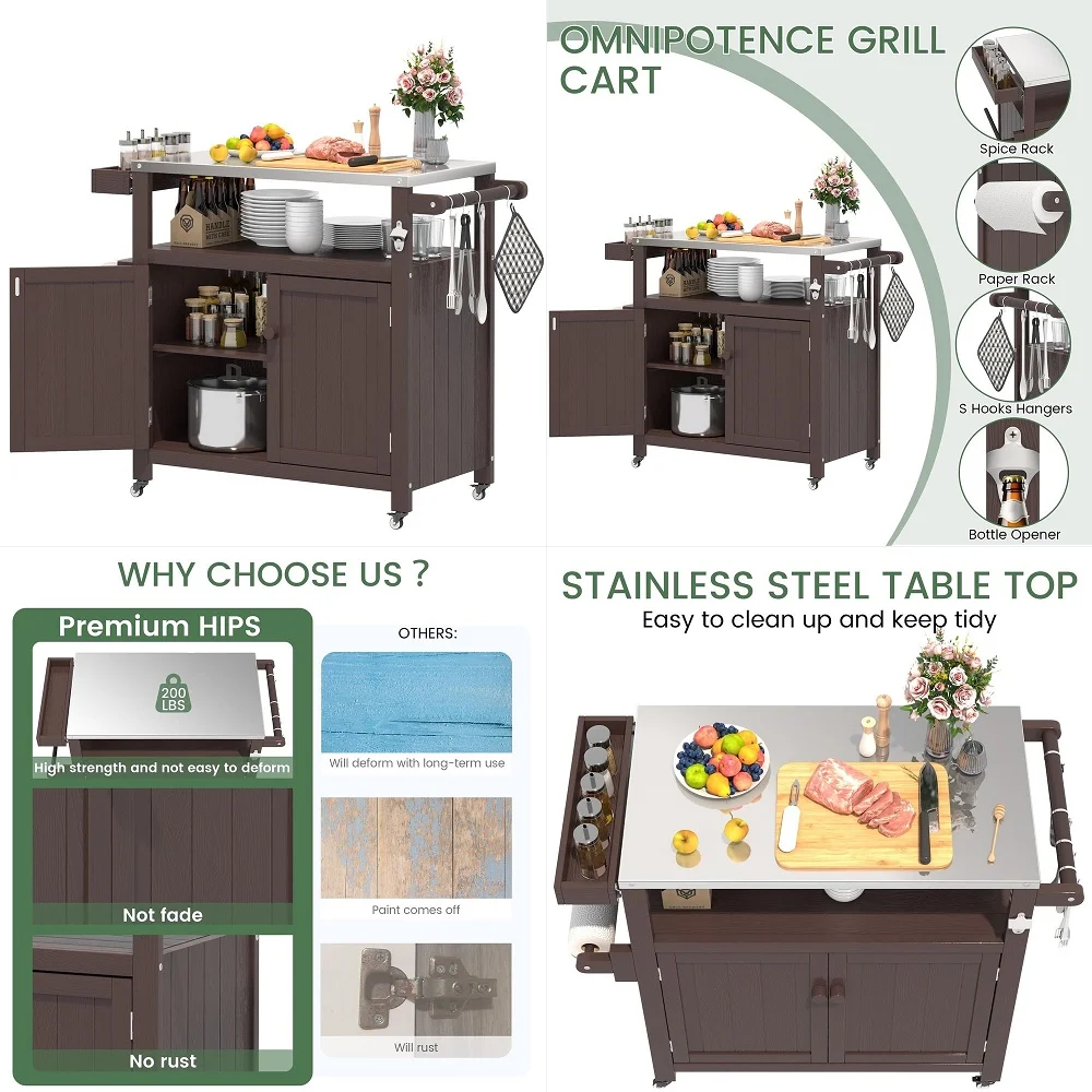 

HIPS Outdoor Kitchen Island with Stainless Steel Top amp Storage Cabinet, Movable Prep Table with Wheels for BBQ Food Prep, Out