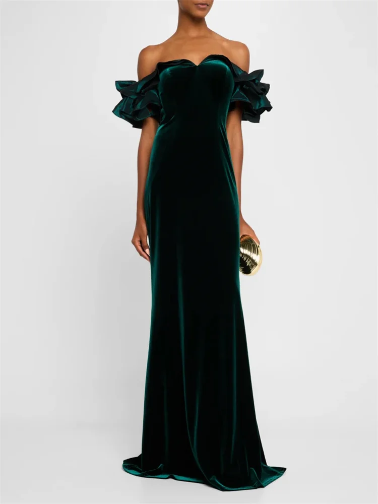 

Customized Off Shoulder Neckline with Ruffle Short Sleeves Column Velvet Evening Dress Back Zipper Floor Length Gown For Women