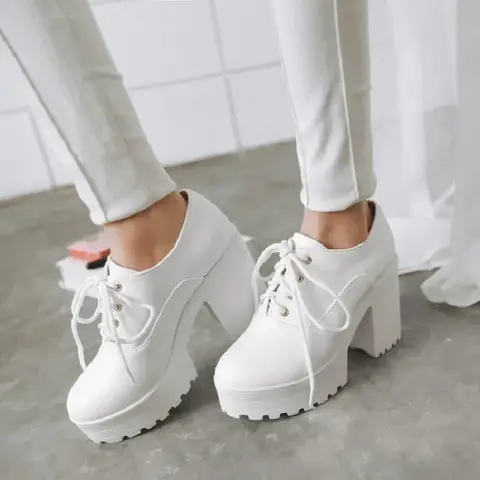 New Punk Rock Gothic Pumps Women Chunky Block High Heels Shoes Round Toe Lace Up Thick Platform Heel Shoes Black White 34-43