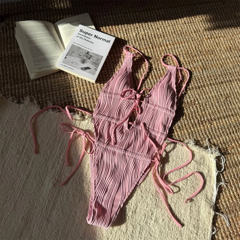 

Sexy Pink String Bikini Backless Swimsuit Deep V Orange Sling Monokini Women Vacation Swimwear Beach Outfit Bathing Swiming Suit