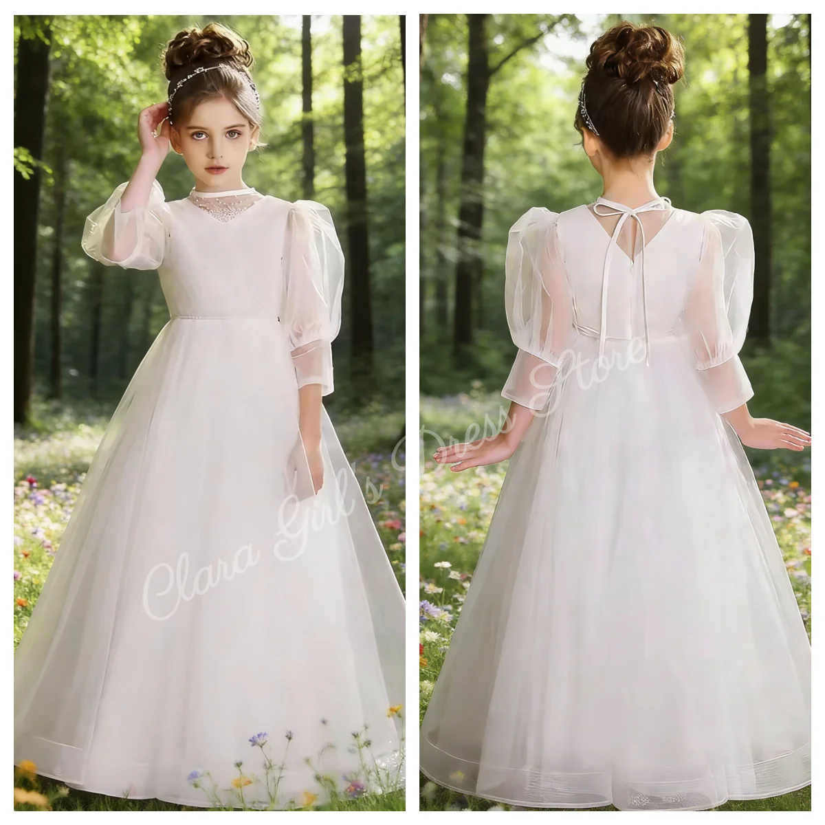 Aanpasbare witte bloemenmeisjesjurk met gezwollen tule rok voor verjaardagsfeestjes voor kleine meisjes, optochten en bruiloftsdinerjurken