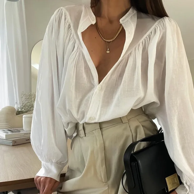 Talenza Women's White Shirt Autumn See-Through Single Breasted Patchwork Cardigan Shirt Casual Loose Office Basic Female Blouses