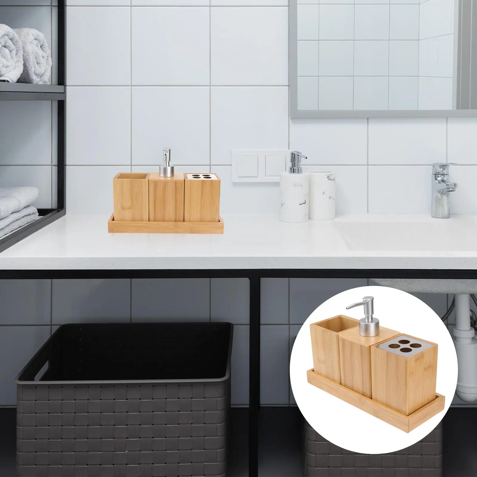 

4Pcs Bamboo Wood Bathroom Accessory Set Elegant Ceramic Toothbrush Holder Bathroom Counter Organization