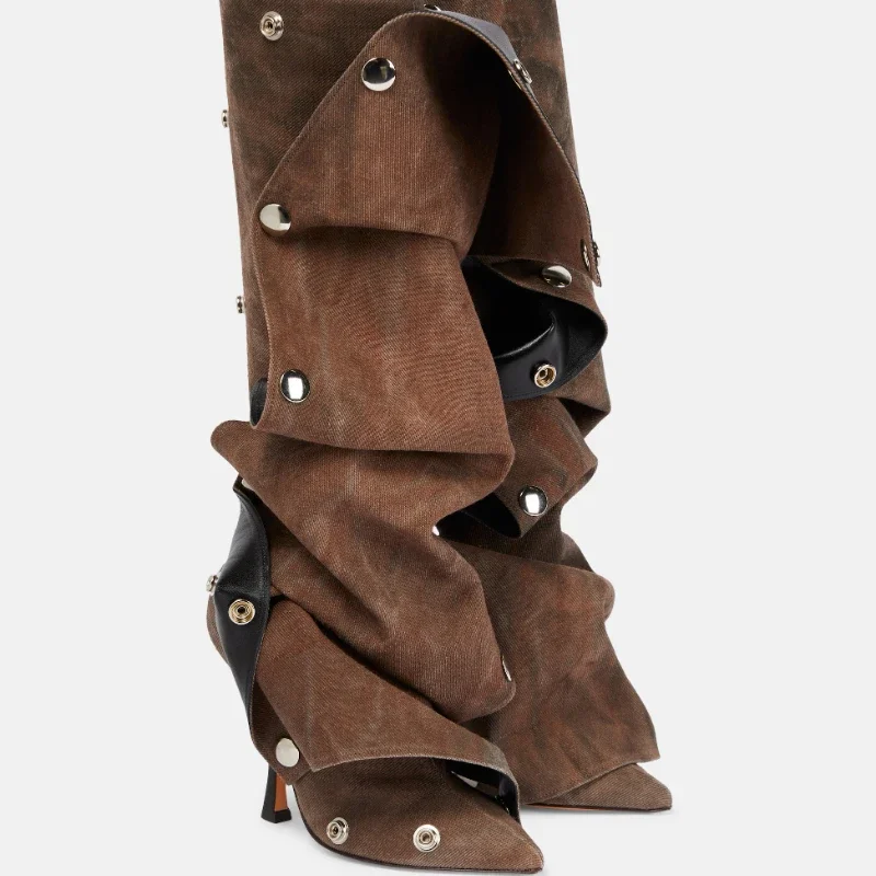 2026 Metal Buckle Detachable Denim Boots 10cm High Heel Boots 35-45 Internet Red Model Fashion Walking Red Carpet Thigh Boots