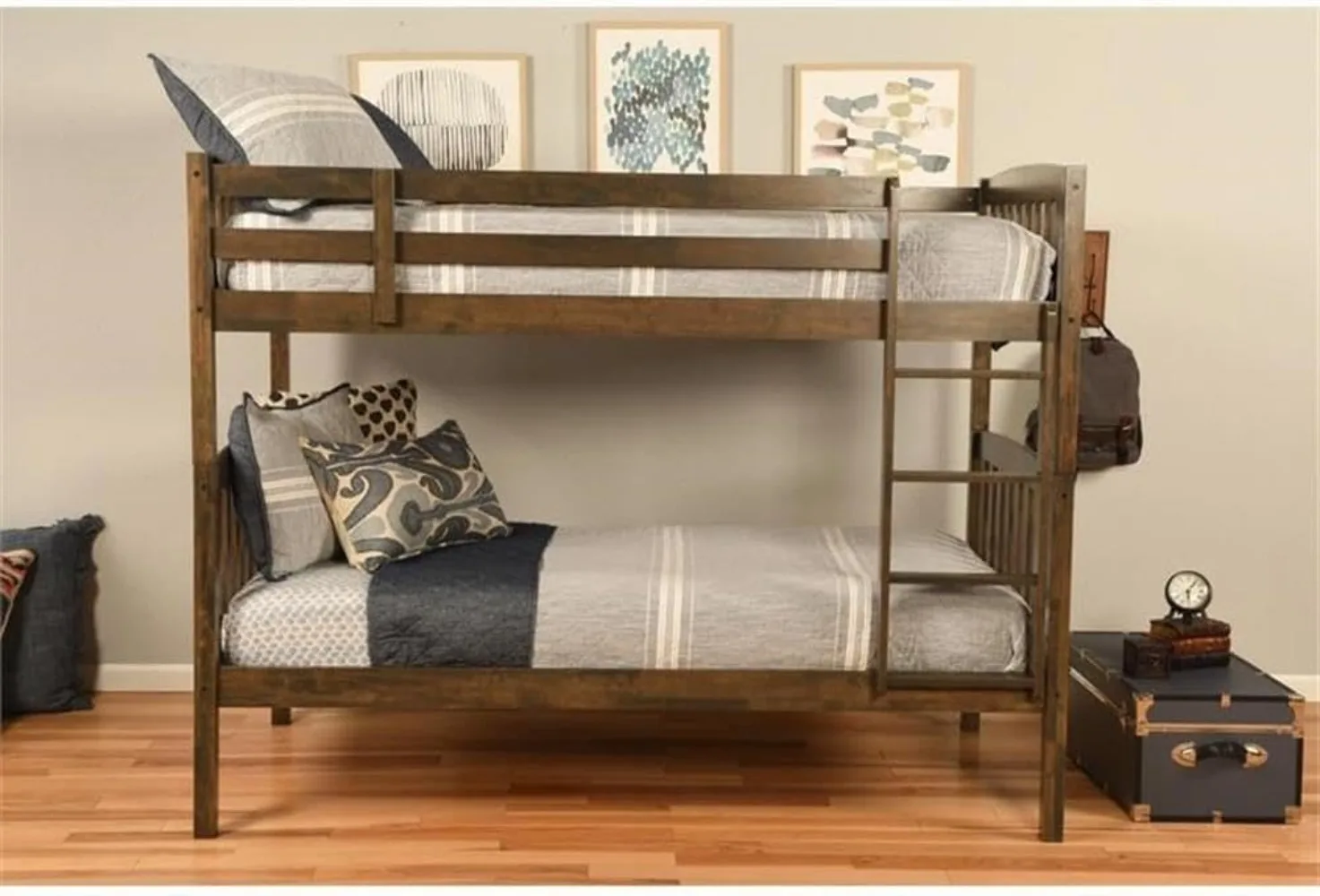 Twin Over Twin Size Bunk Bed with Wooden Slats in Wood, in Brown, No Box Spring Needed, Easy Assembly