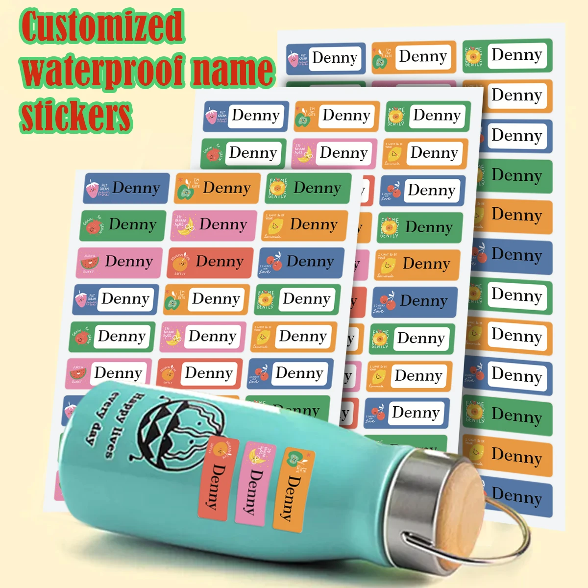 Customized name stickers,personalized fruit pattern waterproof label stickers,kindergarten stationery water cup labels D1