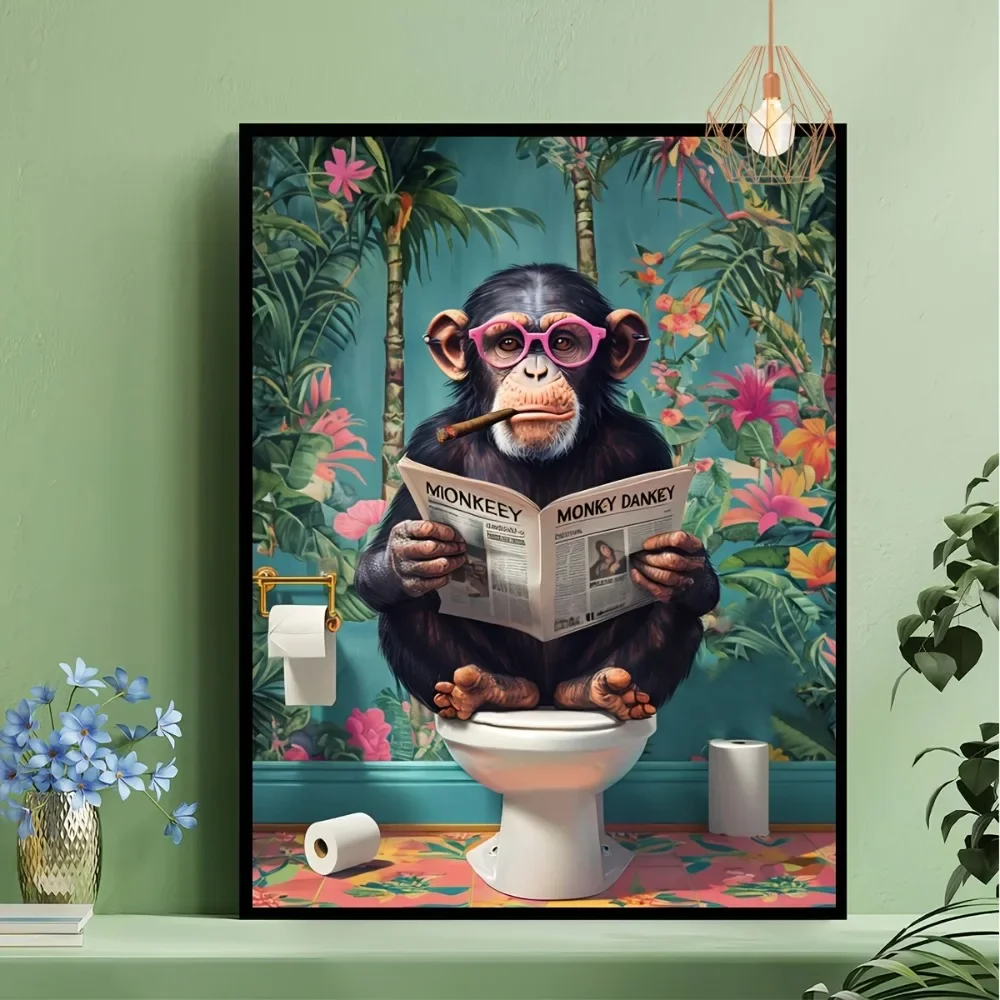 A Frameless Funny Gorilla Reading A Newspaper on The Toilet Canvas Painting for The Art Decoration of The Toilet Bathroom Wal