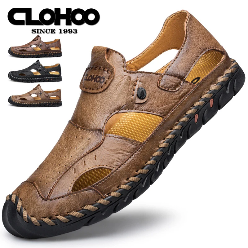 CLOHOO sandals men\'s leather breathable leather shoes hollow hole shoes soft bottom soft surface casual sandals