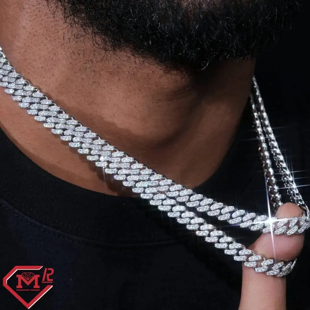 Luxury Super Shining Moissanite Cuban Chain Hiphop Necklace 8mm Custom Small Size Real 925 Silver Cuban Link Chain.