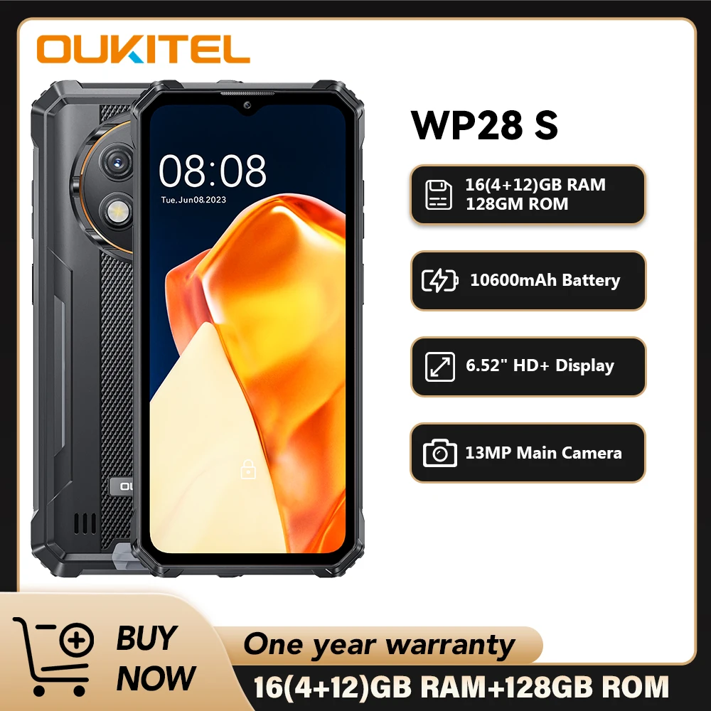 Oukitel WP28 S 頑丈なスマートフォン 6.52 インチ HD 10600mAh 16GB (4+12)+128GB Android14 13MP カメラ携帯電話