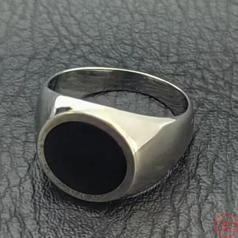 Genuine S925 Sterling Silver Ring for Men Women 2023 New Fashion Round Black Cystal Glue Pure Argentum Simple Punk Jewelry