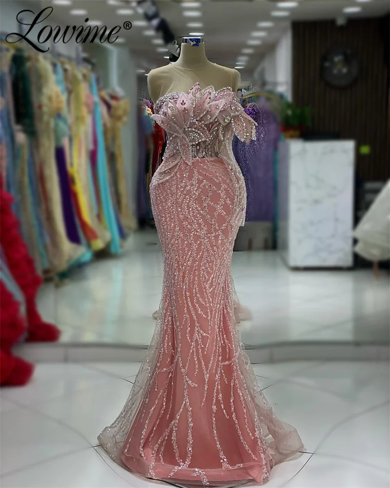 

Pink Aso Ebi Crystals Mermaid Prom Dress Sequined Arabic Evening Dresses 2024 One Shoulder Formal Women Party Gowns Robe Soirée