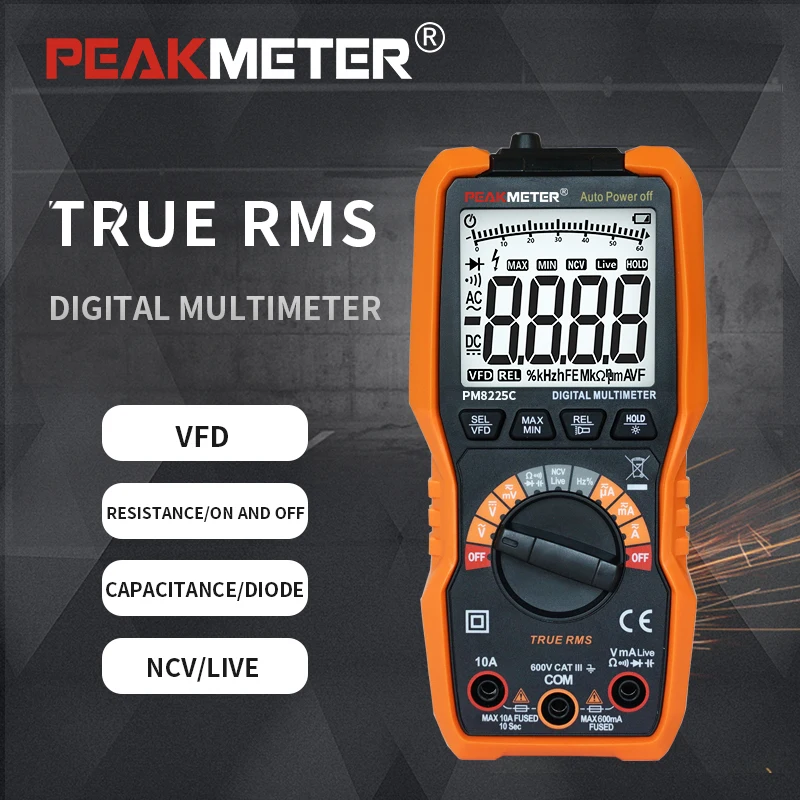 PEAKMETER PM8225C Digital Multimeter AC/DC 600V Auto Range True RMS Continuity Diode NCV Live Line Test 6000 counts Digital Mete