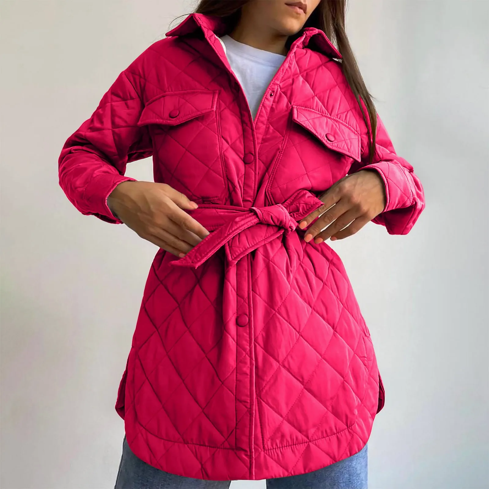 

Women'S Long Velvet-Padded Jacket With Lapel Button High Waist Lace-Up Long-Sleeved Coats Autumn And Winter Comfort Warm Tops