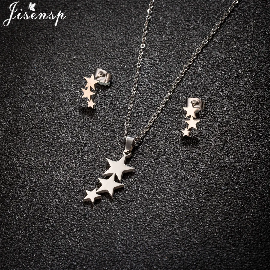 100% Tiny 3 Star Stainless Steel Pendent Necklaces for Women Simple Crescent Moon Earings Fashion Jewelry Sets Wholesale