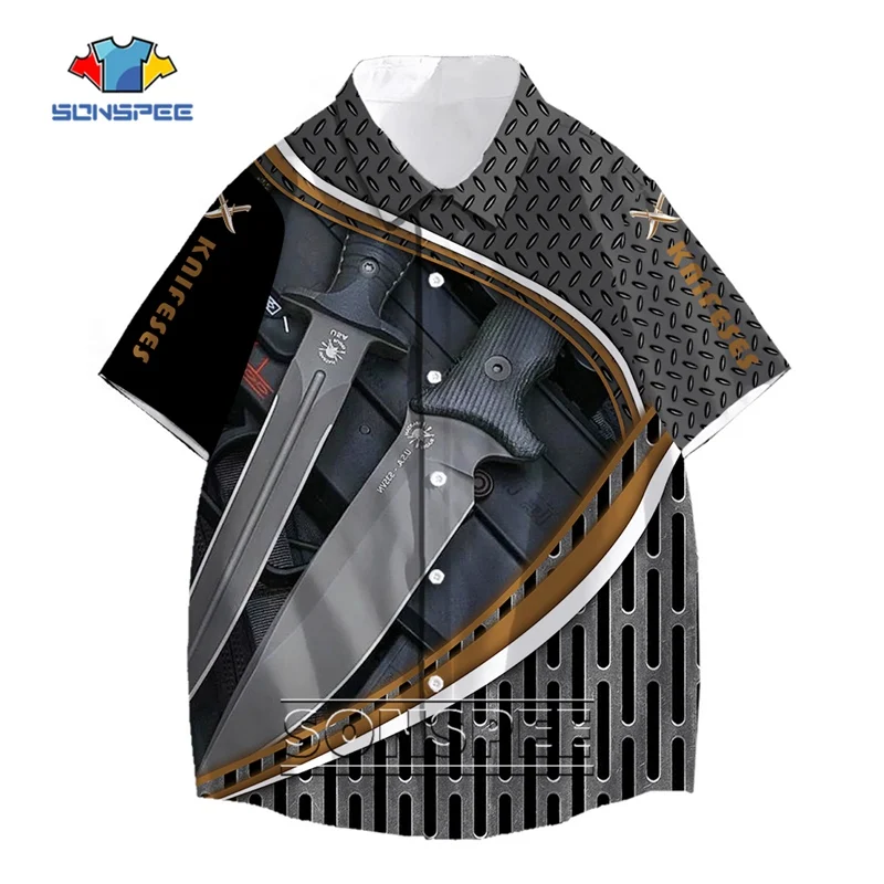 SONSPEE Military 3D Print Shirts Dagger Knife Shirt Men‘s Turn-down Collar Shirts Short Sleeve Pocket Knifes Plus Size Tops