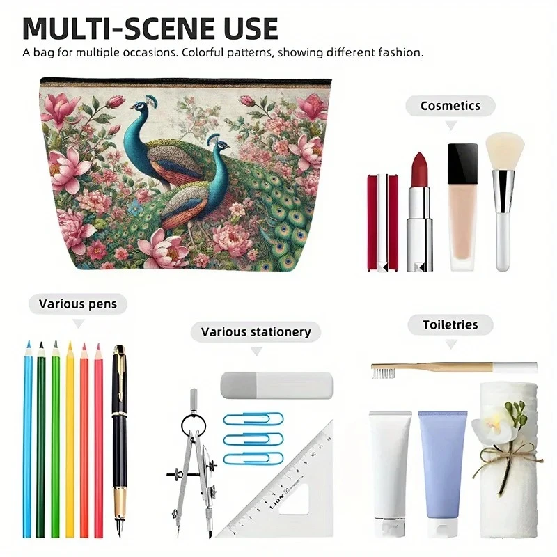 حقيبة مكياج على شكل طاووس وزهور - حقيبة نسائية لطيفة متعددة الوظائف بسحاب، حقيبة تخزين المجوهرات
