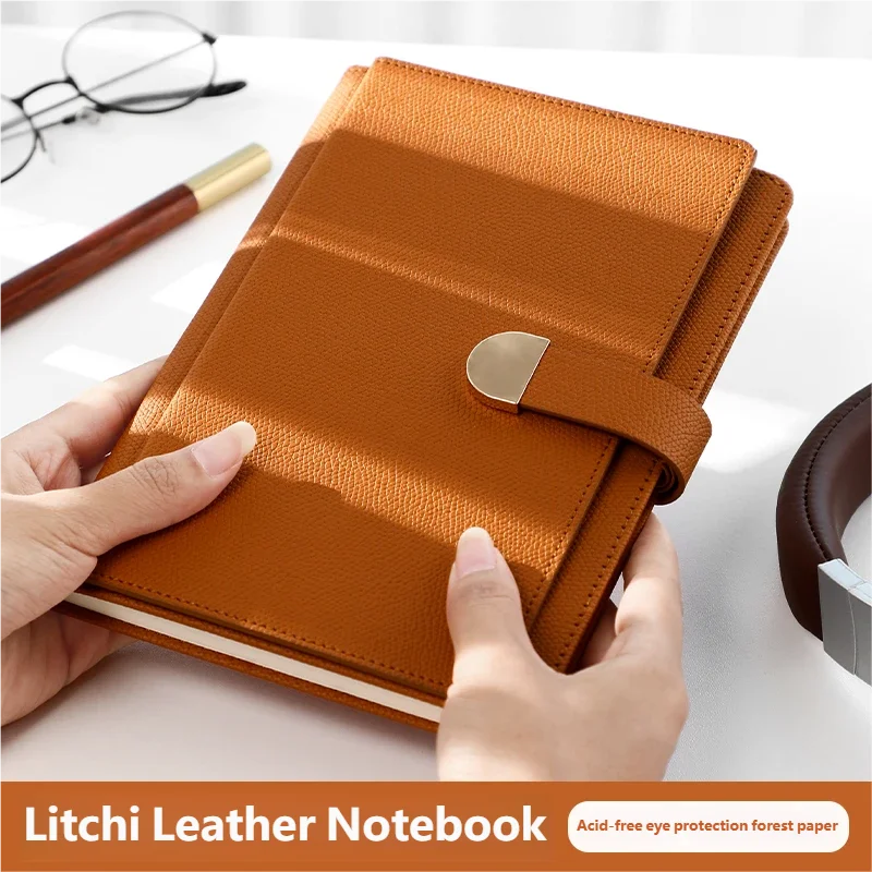 Litchi Pattern Leather Notebook - Side Pen Holder, Portable Buckle Design, for Office School Student Daily Writing
