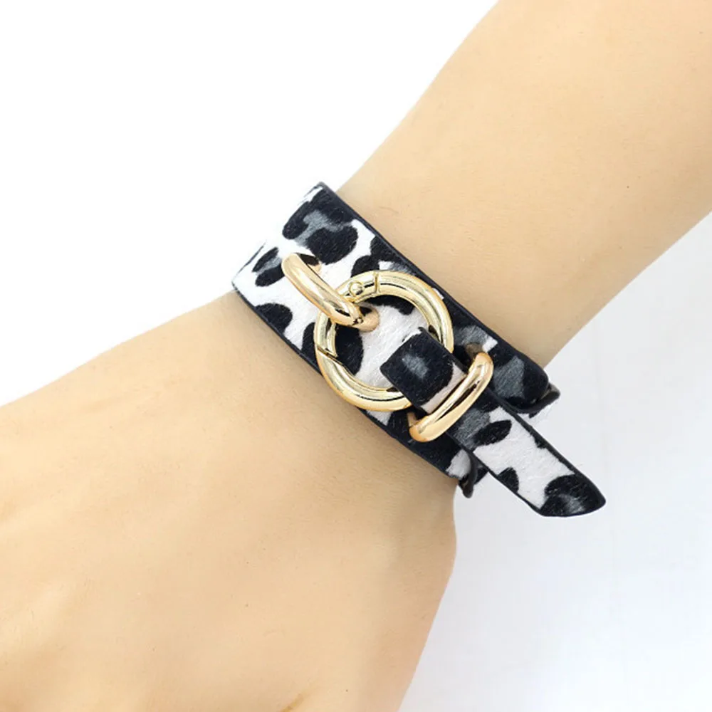 Kirykle Luxury Leopard Leather Bracelet for Women Punk Ring Button Wide Bangle Personality Creative Animal Print Jewelry Gift