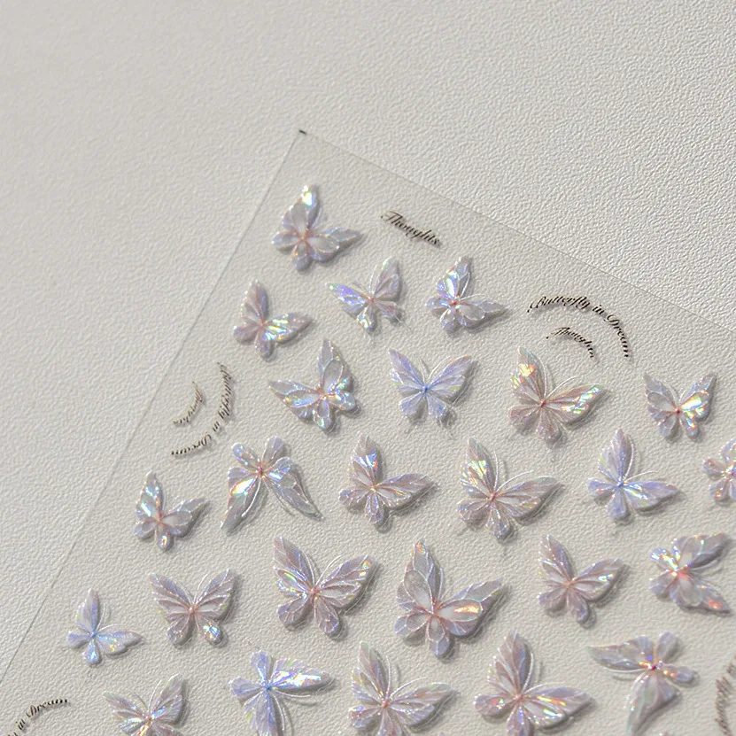 1pcs Pink Shining Aurora Shell Butterfly Nail Stickers 3D Adhesive Nail Art Design Decorations Decals DIY Manicure High Quality