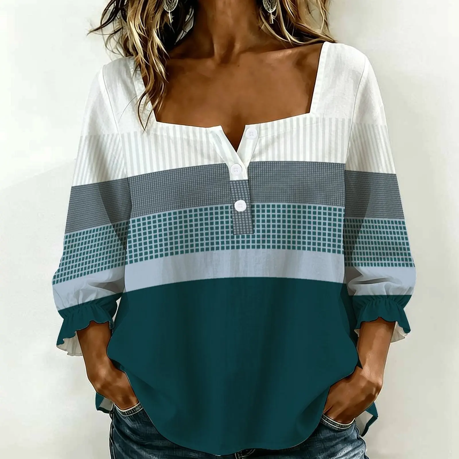 Women Square Neck Blouse 3/4 Ruffle Sleeve Tops Zigzag Stripe Print Henley Shirts Loose Casual Daily Wear Blouse