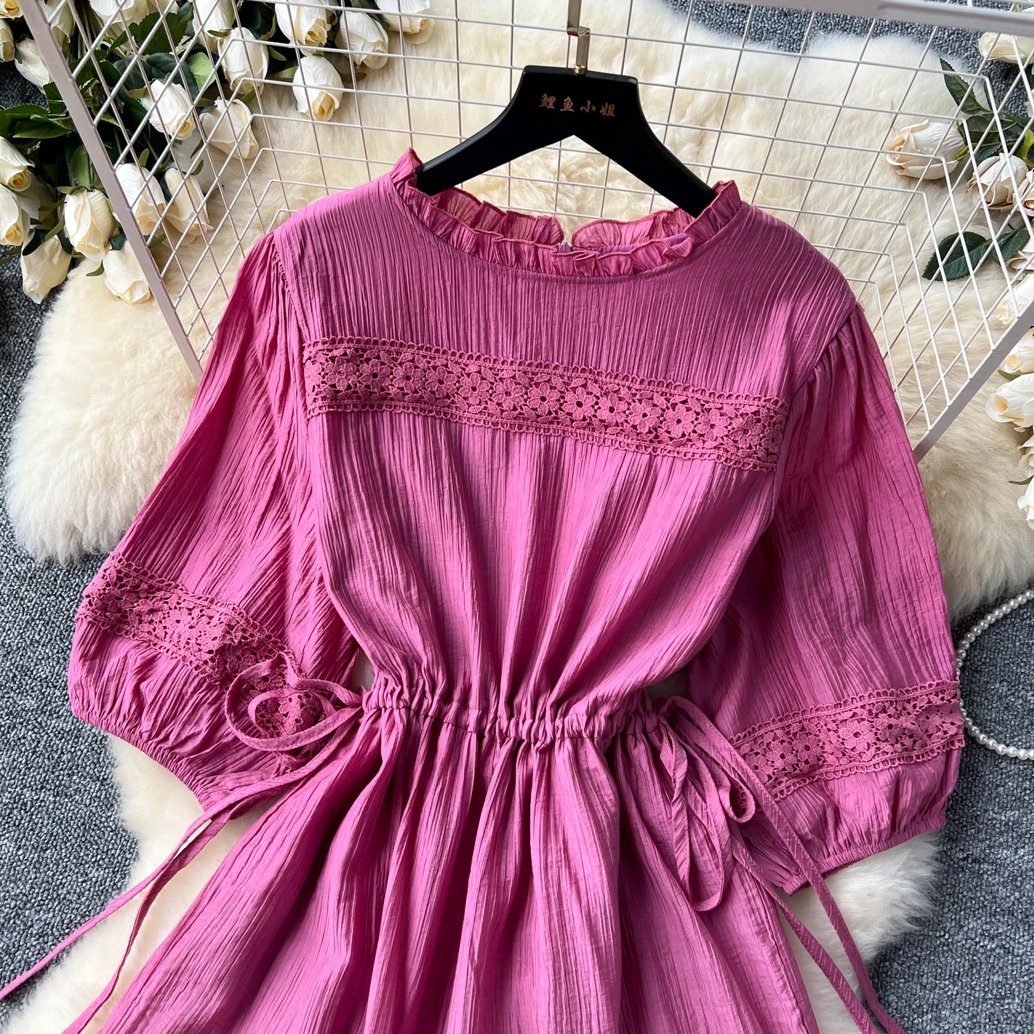 French series Bandage ruffle lace PATCHWORK Lantern Sleeve dress women\'s summer waist chiffon sweet dresses