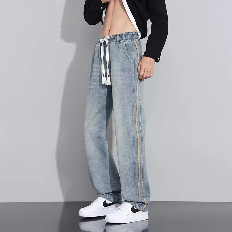 

Trendy 2025 Spring Autumn Men's Striped Cotton Denim Pants Casual Jeans Drawstring Trousers Youth Streetwear Straight Leg Pants