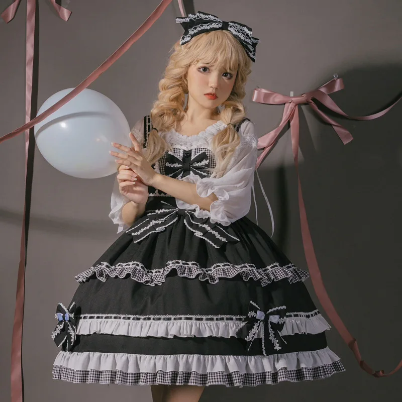 Lolita Jumper Skirts Women Kawaii Dresses Miads Girls Princess Black Heart Tiered Dress Japanese Harajuku Cosplay Costume Dress