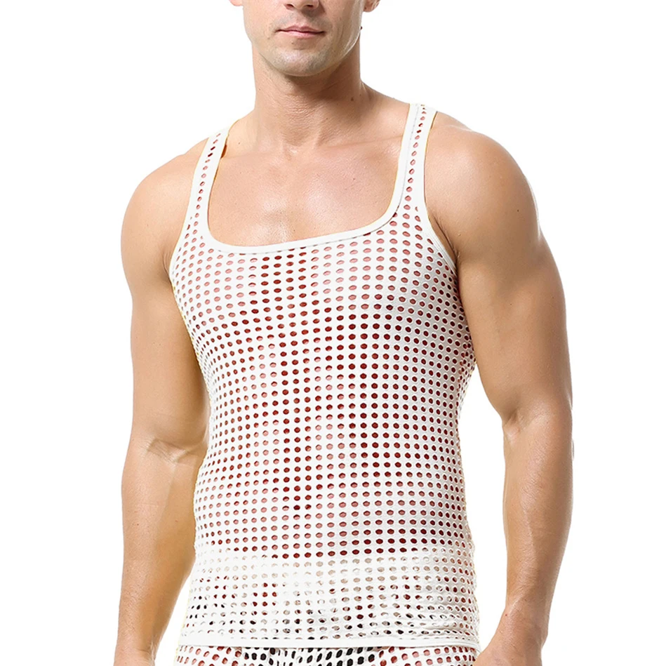 Men\'s Sexy Mesh Fishnet Hollow Out Tank Tops Muscle Sport Gym Breathable Sleeveless T-shirts Tops Male Undershirts Sheer Vests