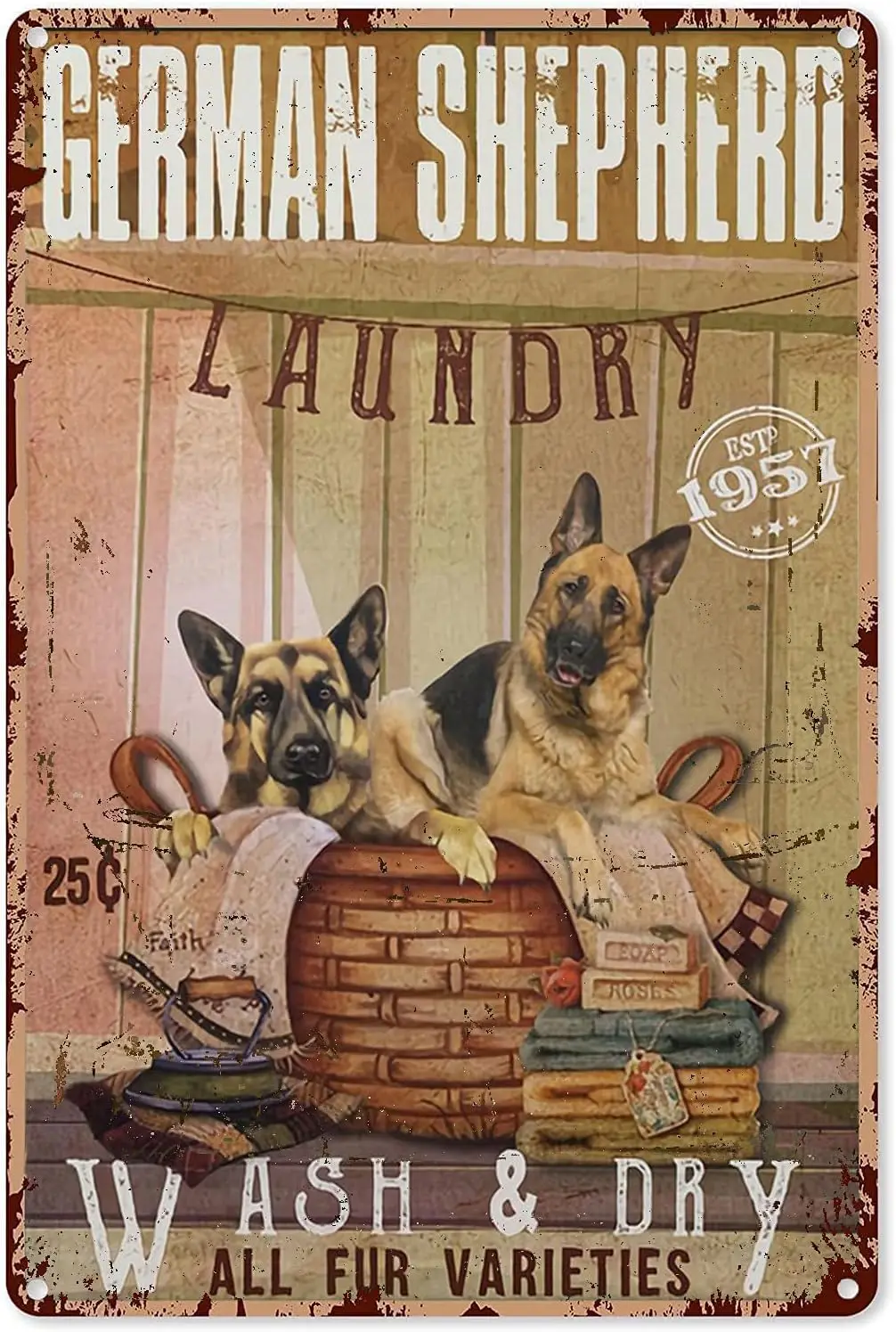 Laundry Wall Art Large German Shepherd Laundry Company Wash & Dry All Fur Varieties Tin Sign Decoration Vintage Chic Metal P