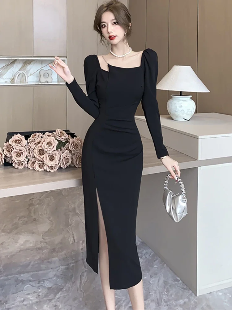 Autumn Winter Purple Long Sleeve Bodycon Prom Dress Women Solid Elegant Chain Square Collar Dress 2026 Korean Luxury Party Dress