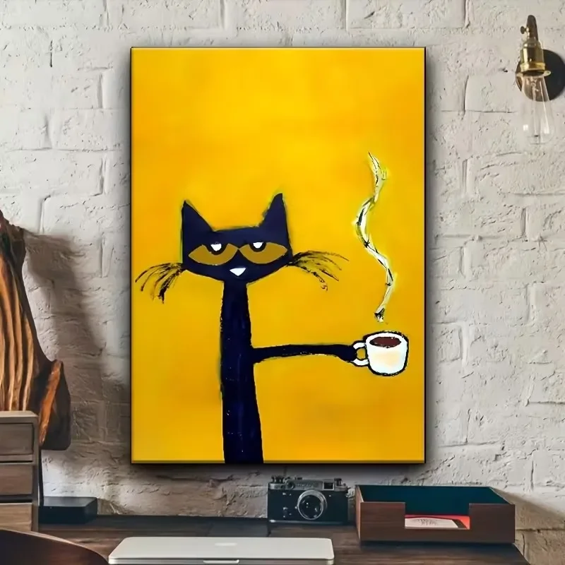 Multiple sizes 1pc frameless Canvas Painting,Quirky Black Cartoon Cat Holding A Cup of Hot Coffee Poster and Prints Canvas Paint