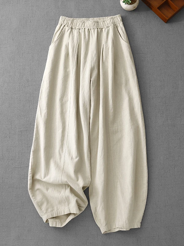 Artistieke pure kleur zand wa katoen linnen wijde pijpen lantaarnbroek plus maat dames losse taille casual afslankende lange broek