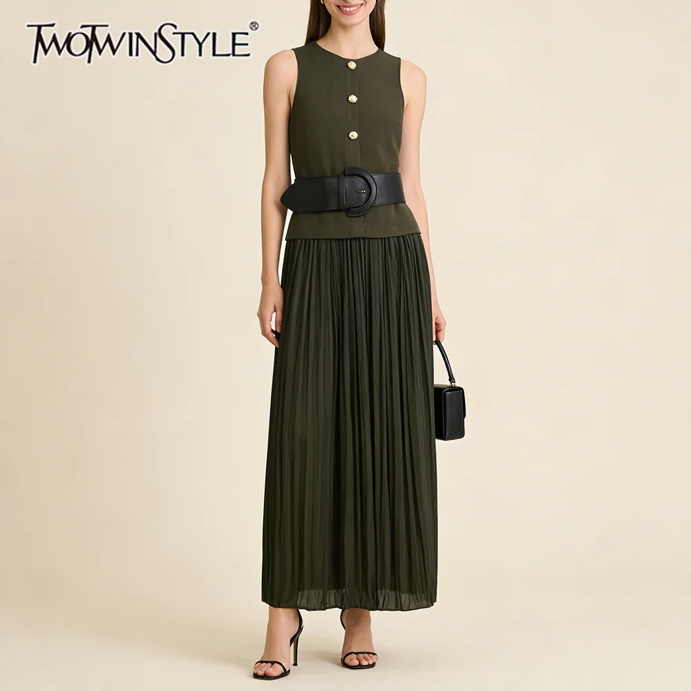 TWOTWINSTYLE Green Loose Spliced Sashes Dresses for Women O Neck Sleeveless Elegant Intellectual Dress Female Summer Fashion New