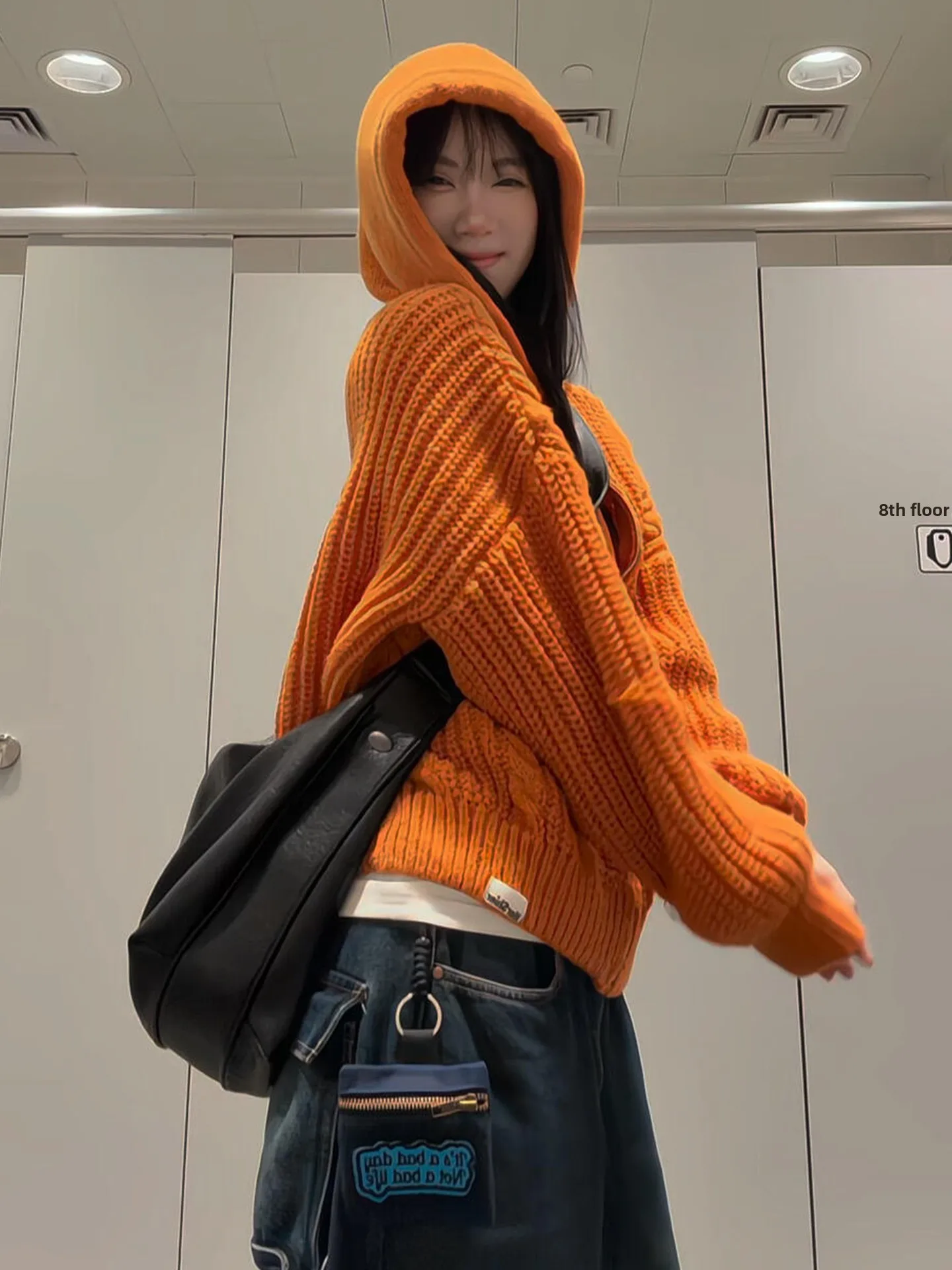 

Sweet Style Orange Twist Knitted Sweater Coat Women's Autumn Winter Loose Fit Hooded Zipper Top Knot Warm Fashion