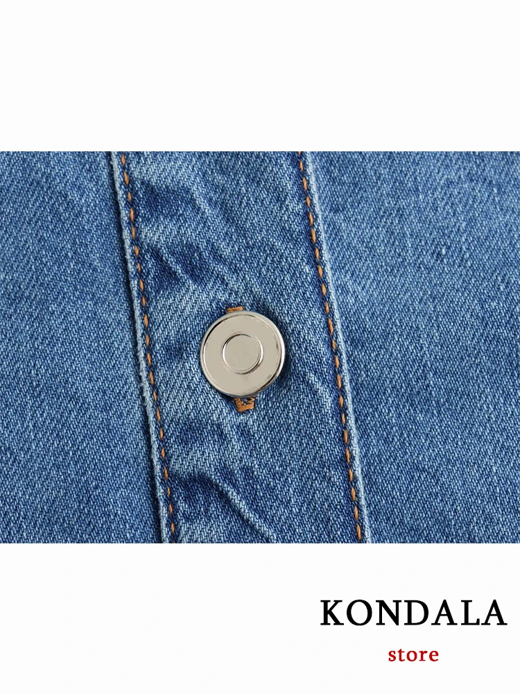 KONDALA New Chic Solid Blue Denim Women Oversized Shirt Fashion 2023 Autumn Casual 3D Jewel Long Sleeve Streetwear Button Blouse