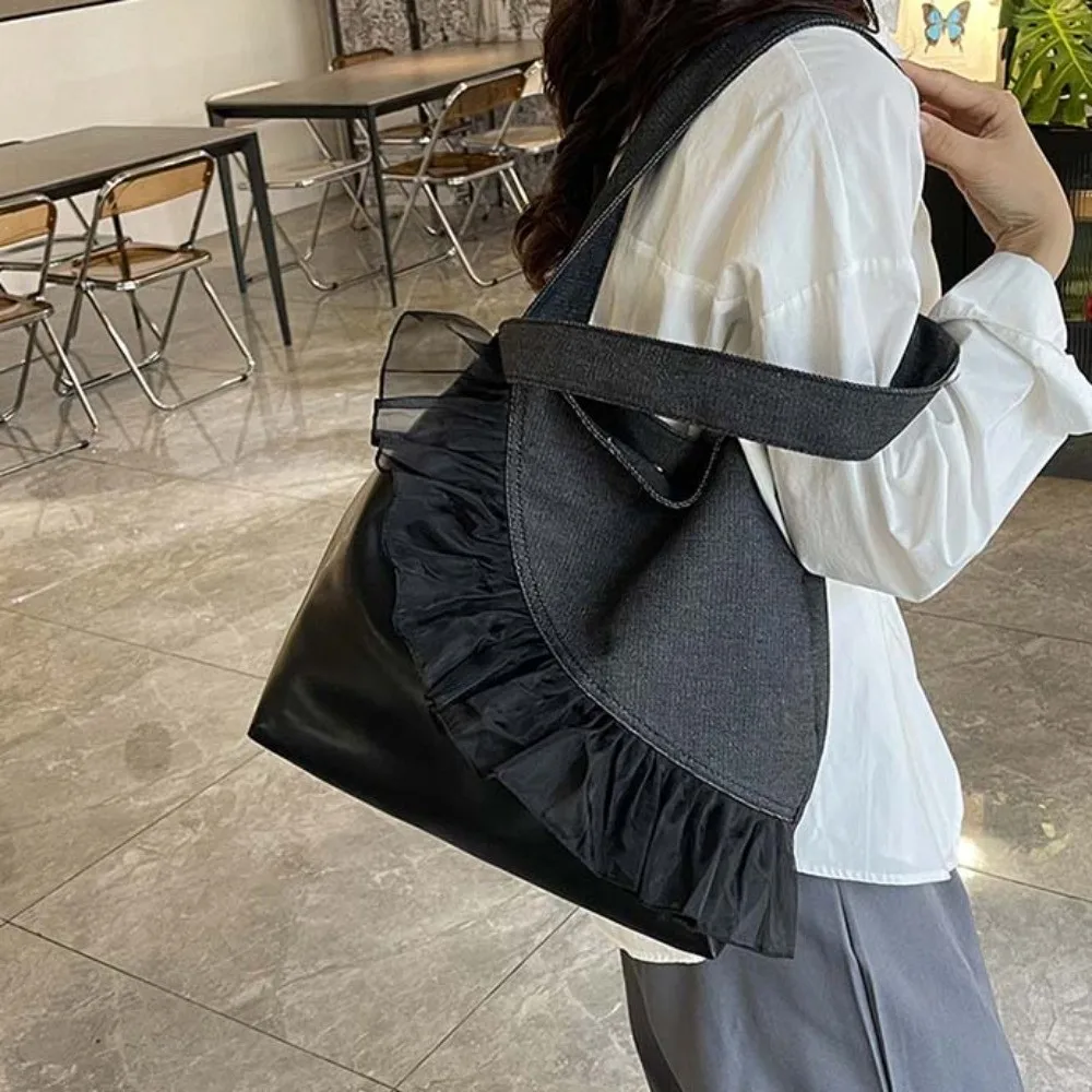 

Portable Denim Blue Tote Bag Black Korean Style Commuting Shoulder Pouch Magnetic Button Polyester Canvas Lace Handbag Shopping