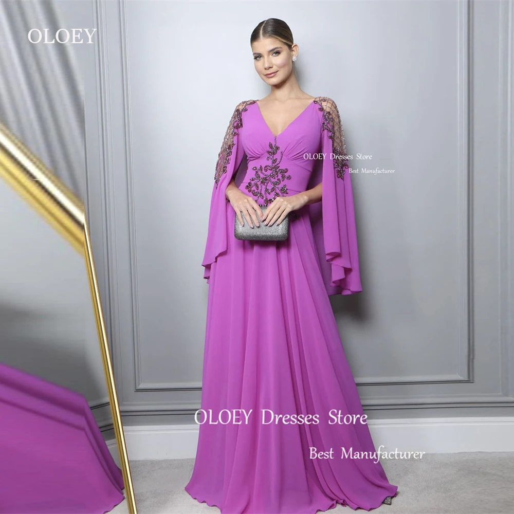 

OLOEY Elegant Purple Chiffon Long Evening Dresses Beads Long Cape Sleeves V Neck Arabic Women Formal Prom Gowns Wedding Party