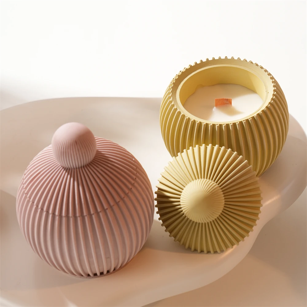

Home Ornament Ribbed Ball Candle Silicone Mold with Lid Wax Melt Burner Plaster Concrete Silicone Mould