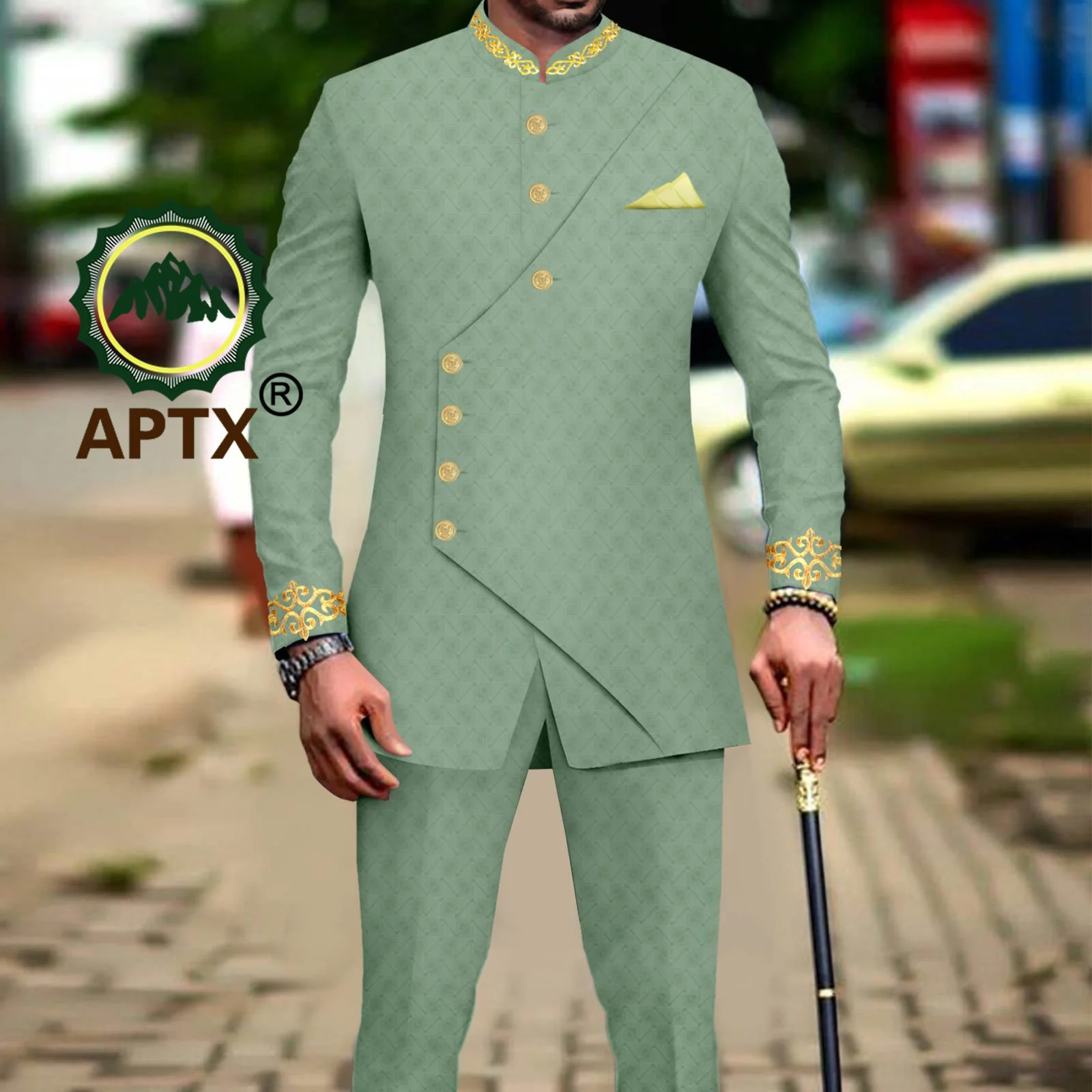 African Clothes for Men Business Causal Suit Bazin Riche Jacket and Trousers 2 PCS Formal Wear for Wedding Event Attire A2316051