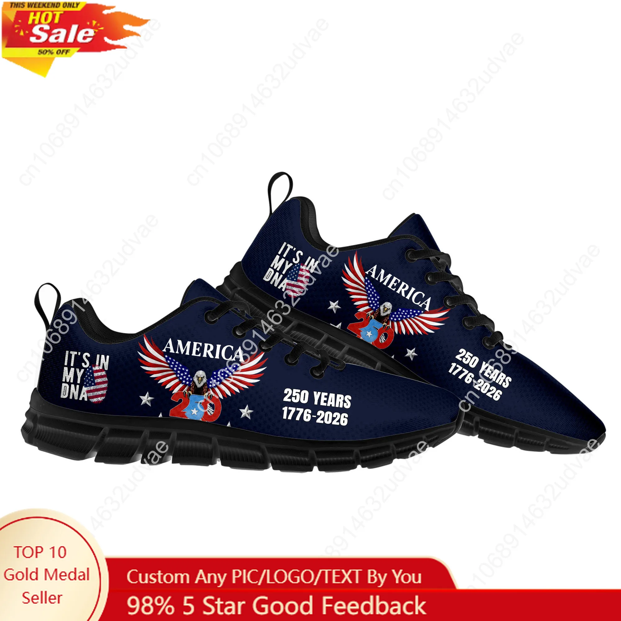 

America 250th Anniversary 1776-2026 Sports Shoes Mens Womens Sneakers Durable Elastic Footwear Casual Custom Couple Shoes Black