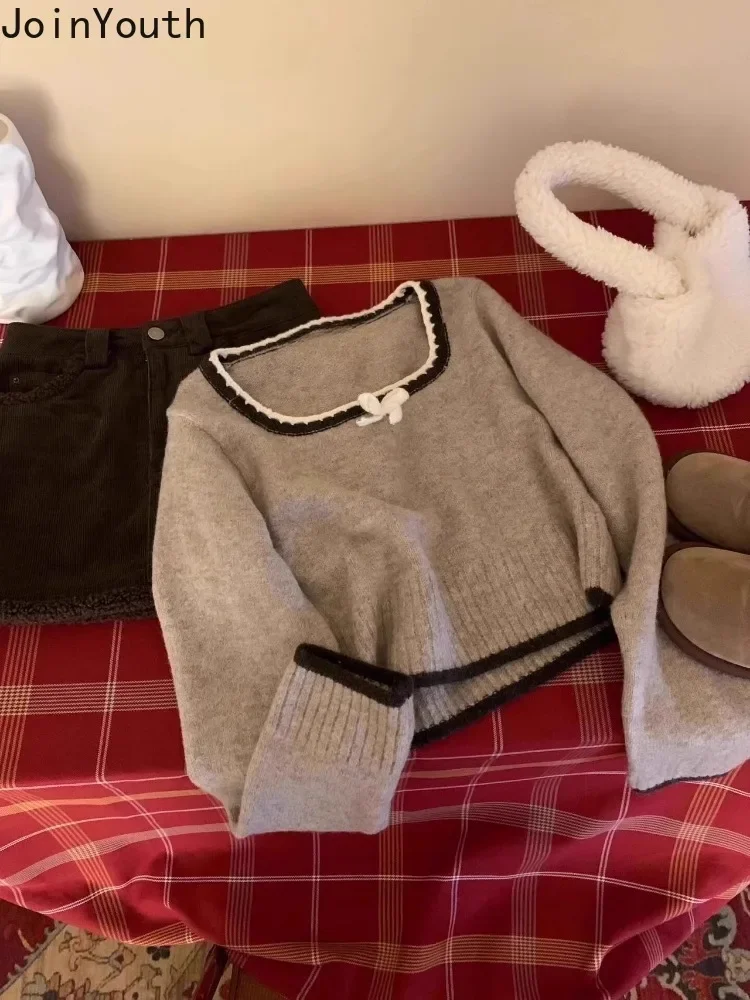 Korean Cropped Pullovers for Women Square Collar Tunic Jumper Sueter Mujer Fashion Sweet Bow Knitted Sweater Tops Pull Femme