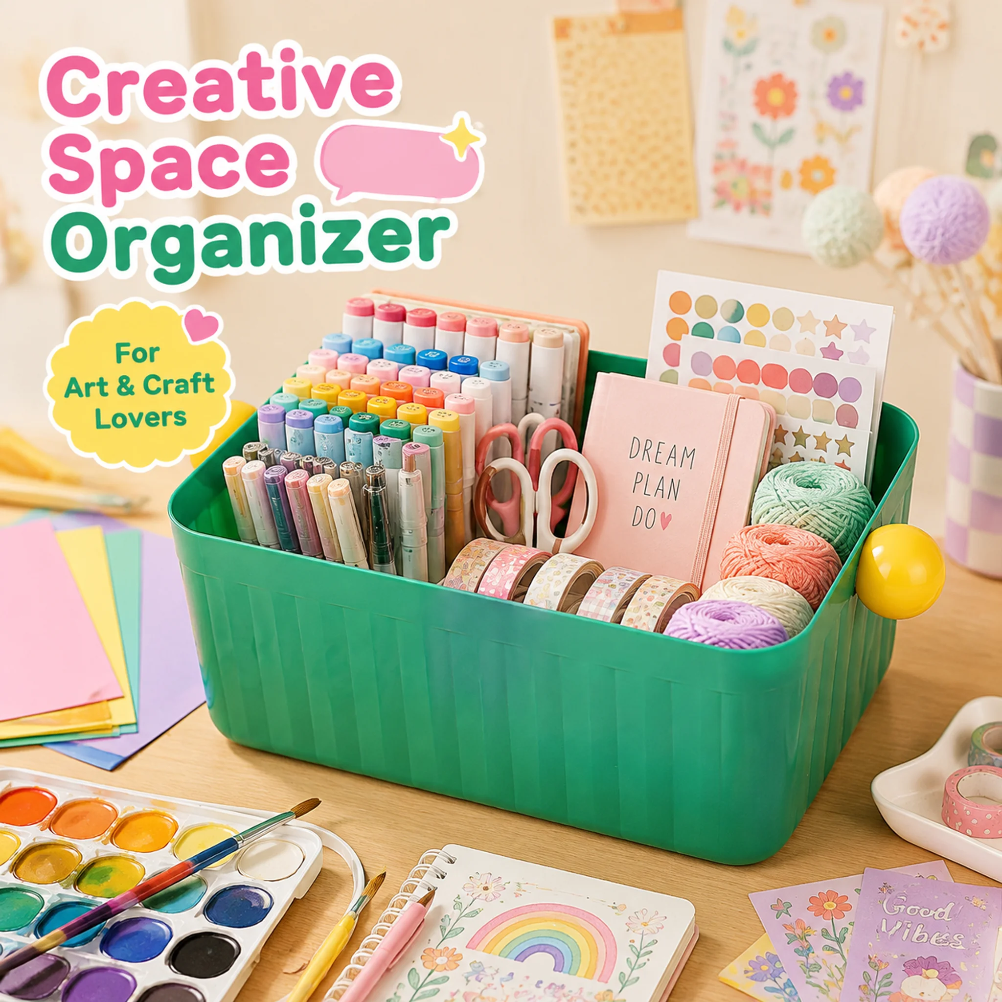 Dopamine Colorful Plastic Storage Basket Open Top Desktop Organizer Bin with Handles for Office Dorm Makeup School Supplies