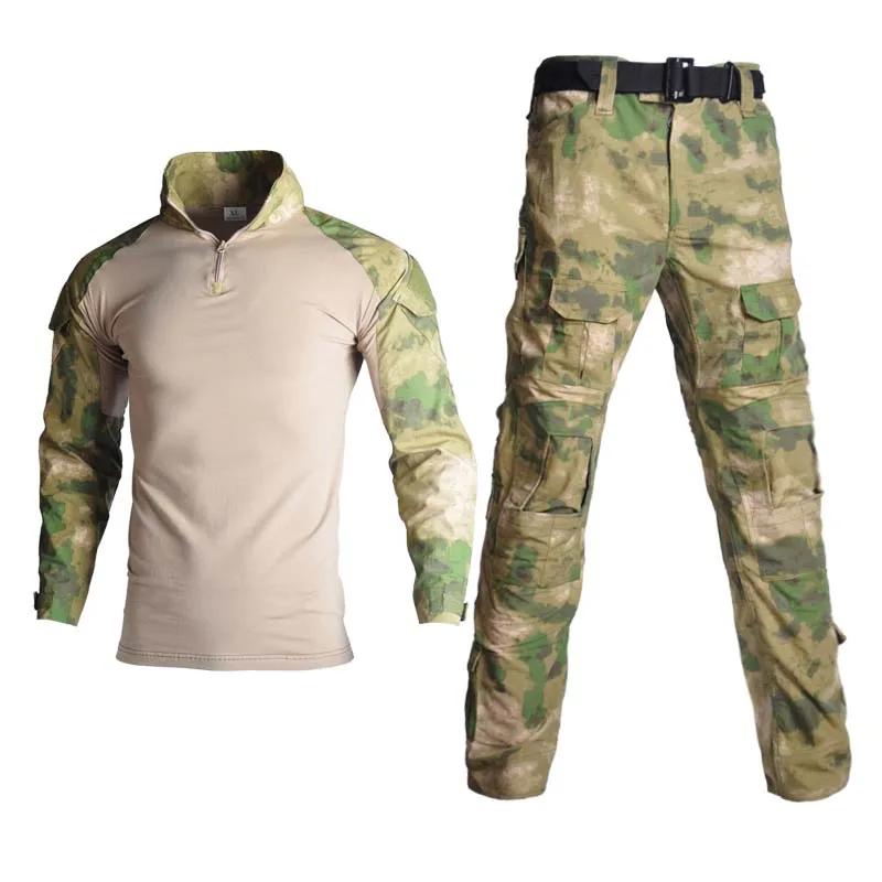 Tute tattiche uniformi da esterno Camo Airsoft Abbigliamento da uomo Abbigliamento da caccia antivento Camicia + Pantaloni cargo Ginocchiere Resistenti all'usura