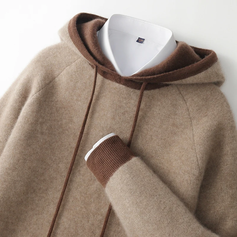 

Choice Autumn Winter Men Cashmere Hooded Sweaters Casual Pullover Long Sleeve 100% Cashmere Knitwear Color Block Thick Clothes