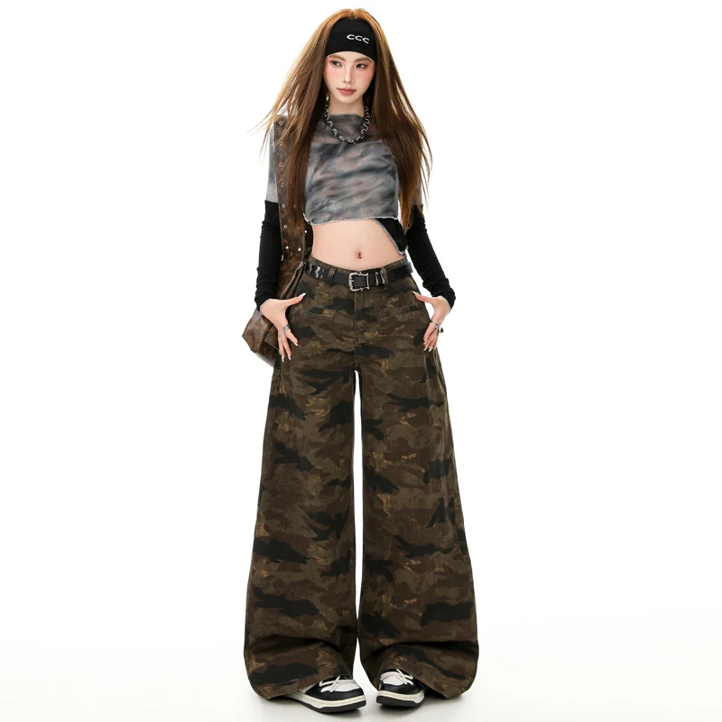 

Женские брюки с камуфляжным принтом в стиле Y2K, модные прямые брюки с широкими штанинами, повседневные брюки.