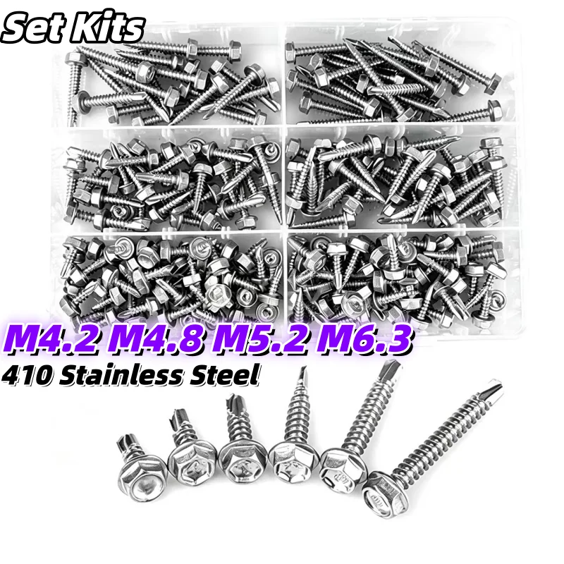 40Pcs/57Pcs/70Pcs/92Pcs 410 Stainless Steel M4.2 M4.8 M5.2 M6.3 Hex Flange Head Drill Tail Self Tapping Screws Set Kits