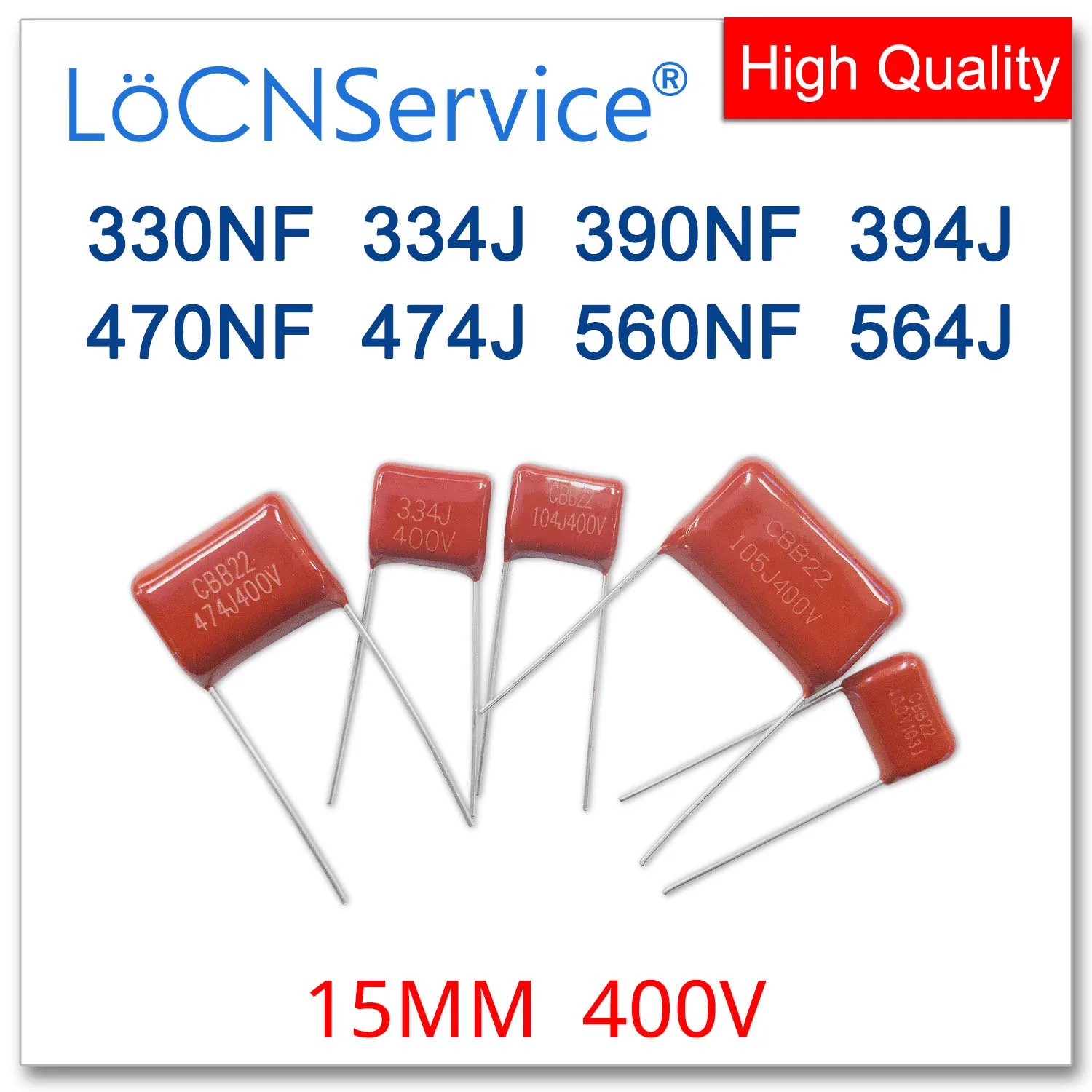 

LoCNService 500PCS 400V 15MM 330NF 390NF 470NF 560NF 334J 394J 474J 564J CBB Polypropylene Film Capacitor High Quality