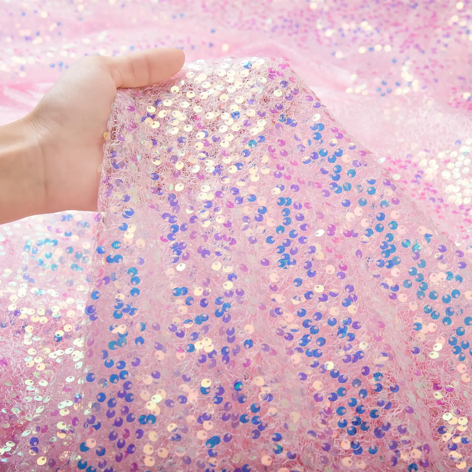 Sequin Fabric Iridescent Mermaid Glitter Fabric Pink Sparkly Fabric for Wedding Costumes Sewing Dress Tablecloth DIY Crafts Gift view 2