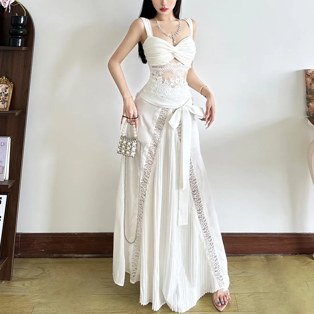 

Women's Skirt Two Piece Set Trendy Sexy See Through Lace Patchwork Sleeveless Tops Leace-up Skirts Design Sense 2 Piece Sets